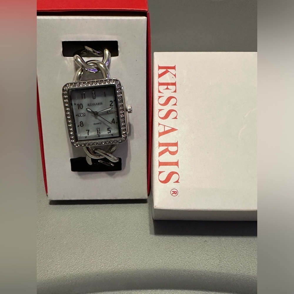 Kessaris rhinestone watch unisex with metal band 7 inches 1 1/4" square